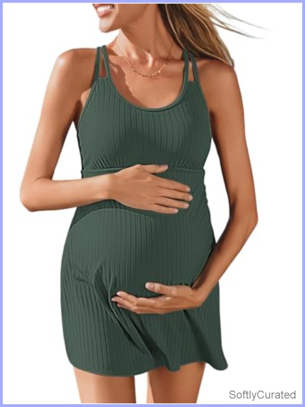 Ribbed Maternity One Piece Swim Dress with Built-in Shorts and Pocket